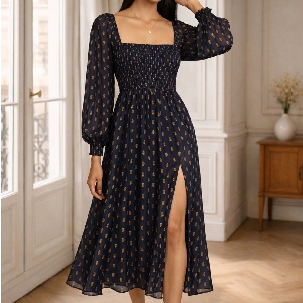 o.p.t Navy Gold Metallic Fleck Smock Detailed Long Sleeve Midi Dress
